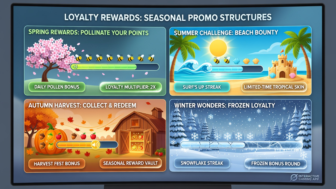 Winter seasonal loyalty events displayed on gaming app interfaces with festive reward structures